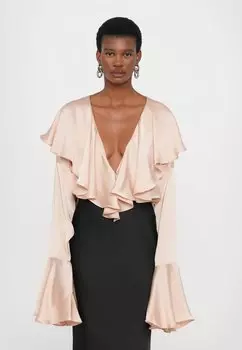 Блуза LONG SLEEVE DEEP V RUFFLE BODYSUIT Norma Kamali, цвет Baby