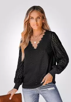 Блуза MIT V AUSSCHNITT, BERBACKENER GEBNDERTE MANSCHETTEN SCHICKES ELEGANTES Cupshe, черный