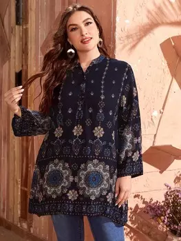 Блуза Modely больших размеров, принт мандала, овальный вырез Shein, темно-синий