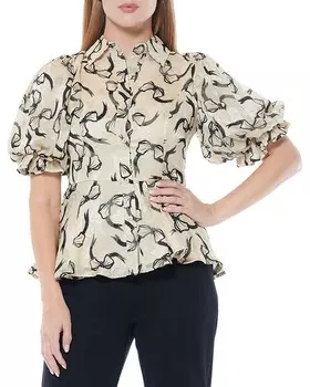 Блуза на пуговицах с баской и воротником-буфами Gracia, коричневый/бежевый