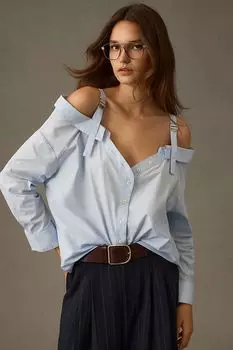 Блуза на пуговицах с открытыми плечами Anthropologie, небо