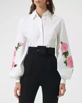 Блуза на пуговицах с пышными рукавами и цветочным принтом Carolina Herrera, цвет Wht Mult