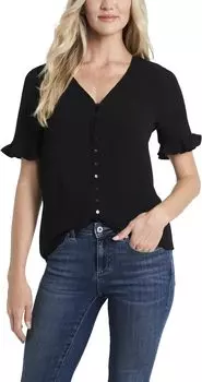 Блуза на пуговицах с рукавами 3/4 и оборками CeCe, цвет Rich Black