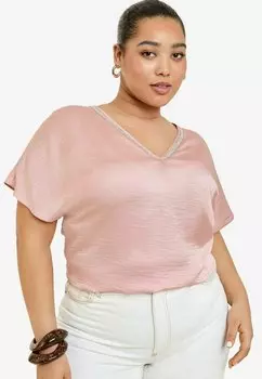 Блуза PLUS SIZE FIT - V-NECK DIAMANTE TRIM SHORT SLEEVE Friends Like These, розовый