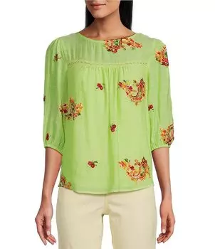 Блуза-поповер с рукавами-фонариками Figueroa и цветочной кокеткой, вставками и вышивкой, с объемными рукавами 3/4 Figueroa & Flower, зеленый