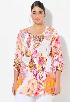 Блуза PRINTED SMOCKED BODICE 3/4 SLEEVE Ulla Popken, белый