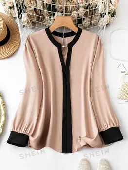 Блуза Priv Plus с контрастными краями и зубчатым воротником Shein, абрикосовый