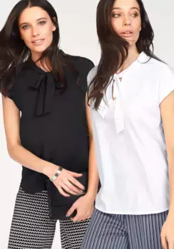 Блуза с бантом Bruno Banani (упаковка, 2 шт., в упаковке 2 шт.), с завязкой, цвет Schwarz Und Wollwei (Aus Recyceltem Polyester)