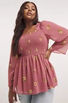 Блуза с баской и рукавами-ангелками из жоржета с цветочным принтом Simply Be, розовый