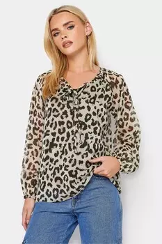Блуза с длинными рукавами и завязками на воротнике с леопардовым принтом Pixiegirl Petite, бежевый