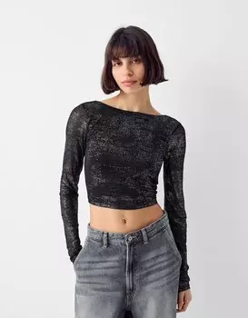 Блуза с длинными рукавами, открытой спиной и металлизированным принтом Bershka, черный