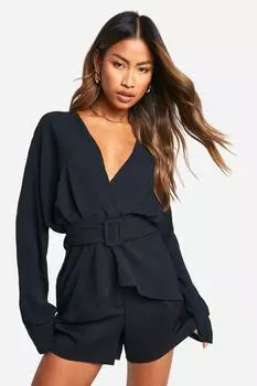 Блуза с объемными рукавами и поясом boohoo, черный