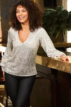 Блуза с пайетками V-образным вырезом и широкими рукавами Sosandar, серебряный