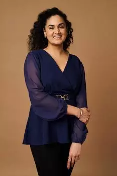 Блуза с прозрачными рукавами и запахом спереди Izabel London, синий