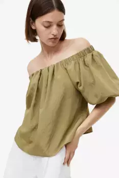 Блуза с пышными рукавами и открытыми плечами H&M, зеленый