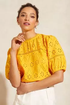 Блуза с пышными рукавами круглым вырезом и кружевом Love & Roses, желтый