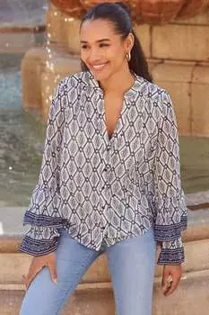 Блуза с расклешенными рукавами и контрастной отделкой Sosandar, синий