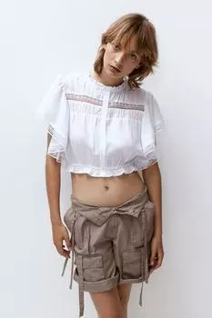 Блуза с рукавами-бабочками и кружевными вставками H&M, белый