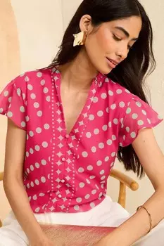 Блуза с V-образным вырезом и рюшами на рукавах Love & Roses, розовый