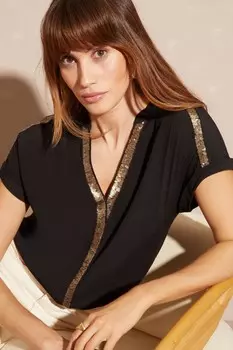 Блуза с V-образным вырезом закатанными рукавами и пайетками Love & Roses, черный