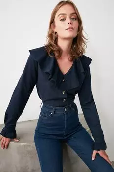 Блуза с воротником индиго и оборкой Trendyol, темно-синий