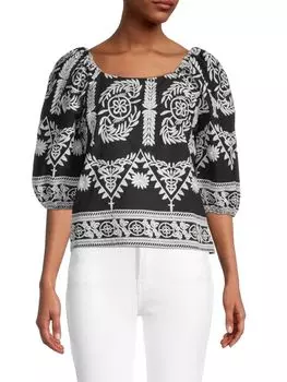 Блуза Saks Fifth Avenue вышитая с пышными рукавами, черный/белый