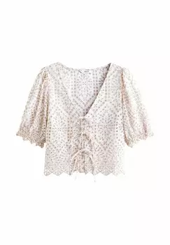 Блуза SHORT SLEEVE BRODERIE TIE FRONT Next, бежевый