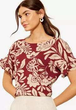 Блуза Short Sleeve Ruffle Cuff Friends Like These, бордовый красный с цветочным принтом