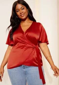 Блуза SHORT SLEEVE WRAP REGULAR FIT Curves Like These, красный