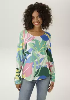 Блуза-слип Aniston CASUAL с принтом в виде крупных листьев, синий