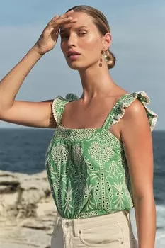 Блуза со сборками на бретелях и квадратным вырезом Love & Roses, зеленый