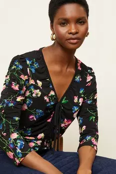 Блуза со сборками V-образным вырезом и рукавами 3/4 Love & Roses, черный