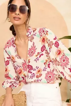 Блуза со сборками V-образным вырезом и рукавами 3/4 застегивающаяся на пуговицы Love & Roses, белый