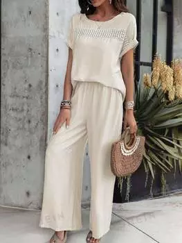 Блуза-топ и брюки Shein Vcay свободные, бежевый