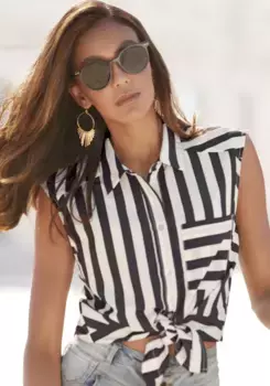 Блуза-топ LASCANA, с планкой на пуговицах, узор в полоску, женская блузка с рубашечным воротником, черно-белый