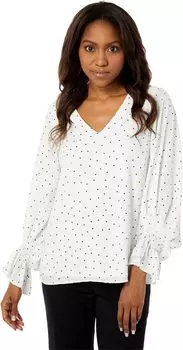 Блуза Vince Camuto Long Sleeve Smocked Cuff Pindot V-Neck Blouse, цвет New Ivory