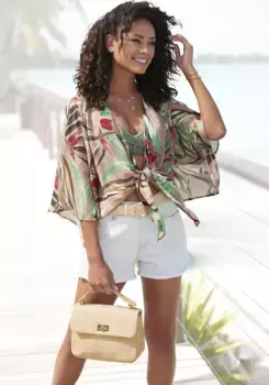 Блуза Vivance с запахом и принтом по всей поверхности, летняя женская блузка с узлом, цвет Sand Bedruckt