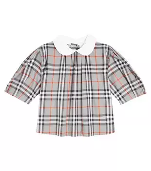 Блуза в клетку из смесового хлопка Burberry Kids, серый