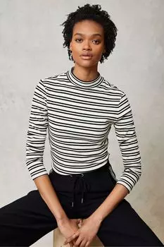 Блуза в рубчик кремового цвета в полоску с высоким воротником Mint Velvet, бежевый