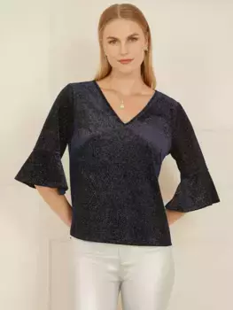 Блуза Yumi Sparkle Velvet Fluted Sleeve, темно-синий