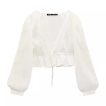 Блуза Zara Flowing Embroidered, желтовато-белый