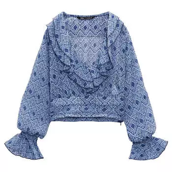 Блуза Zara Printed With Ruffles, голубой