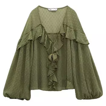 Блуза Zara Ruffled Dotted Mesh, светлый хаки