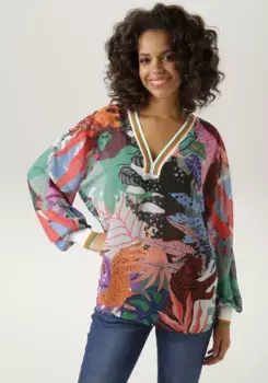 Блузка Aniston CASUAL без застежек с большими котами и принтом джунглей, зеленый