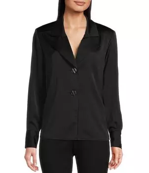 Блузка Anne Klein из атласного крепа с воротником и пуговицами спереди, длинными рукавами, черный