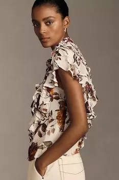 Блузка Anthropologie с рюшами и завязками на воротнике, белый/коричневый