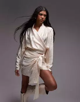 Блузка ASOS DESIGN из атласного жаккарда в стиле 80-х с завязкой на вороте цвета экрю