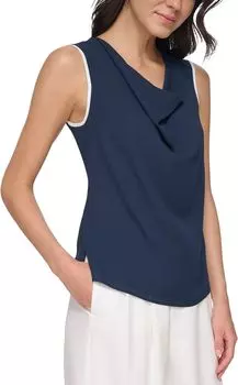 Блузка без рукавов с воротником-хомутом и кантом DKNY, цвет Classic Navy/Linen White