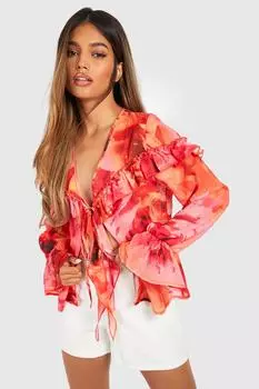 Блузка bloom с цветочными руфлами и завязками Boohoo, розовый