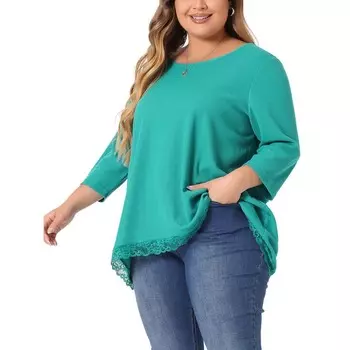 Блузка больших размеров для женщин, вафельные топы с круглым вырезом и рукавами 3/4, кружевные вставки, свободные топы с высоким низким подолом Agnes Orinda, цвет Army Green